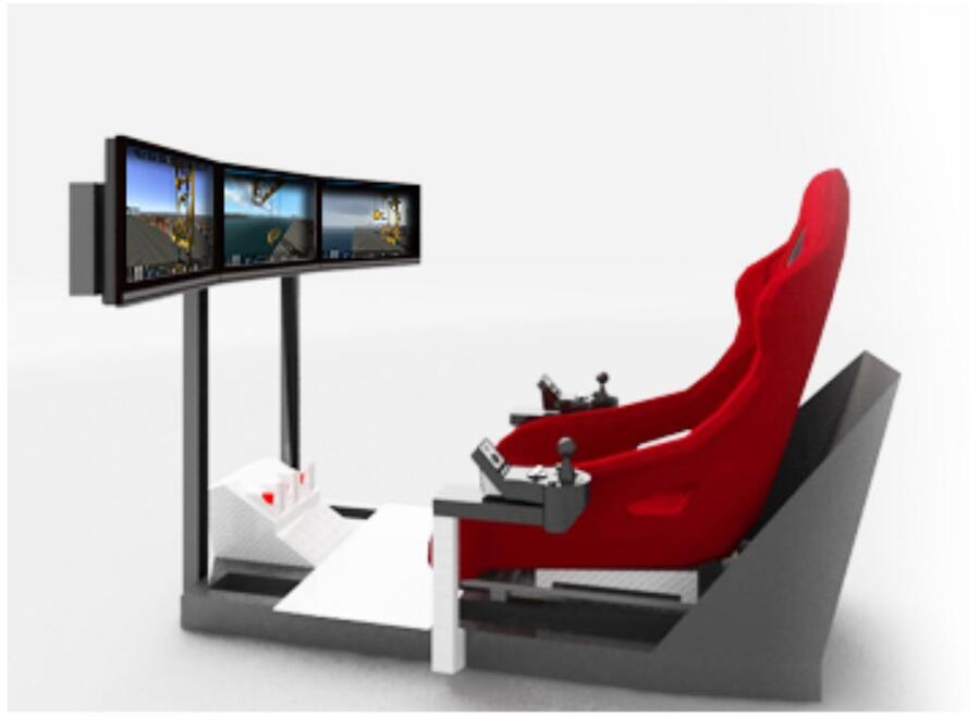 Cabina del simulador de grúa con asiento rojo, controles y tres pantallas