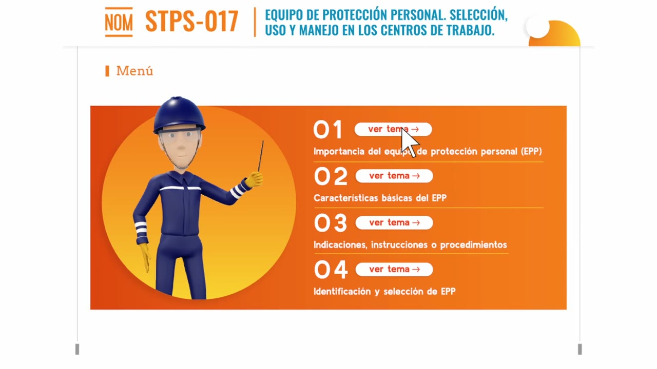 Curso de equipo de protección personal con menú de temas