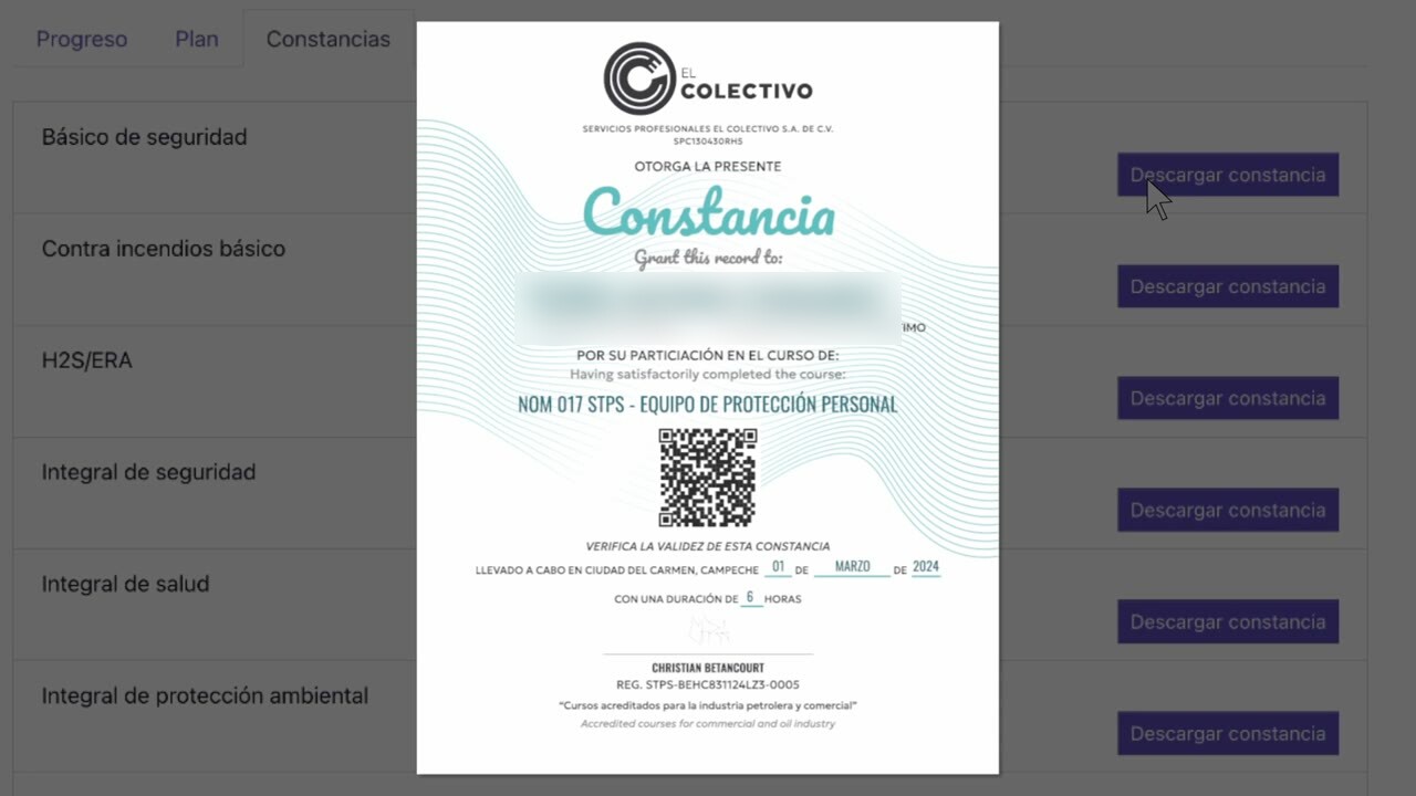 Pantalla de progreso con la constancia de una persona y su código QR